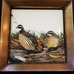 Vintage Ceramic Porcelain Tile Bronze/Copper Bird Pheasant Trinket/Dish